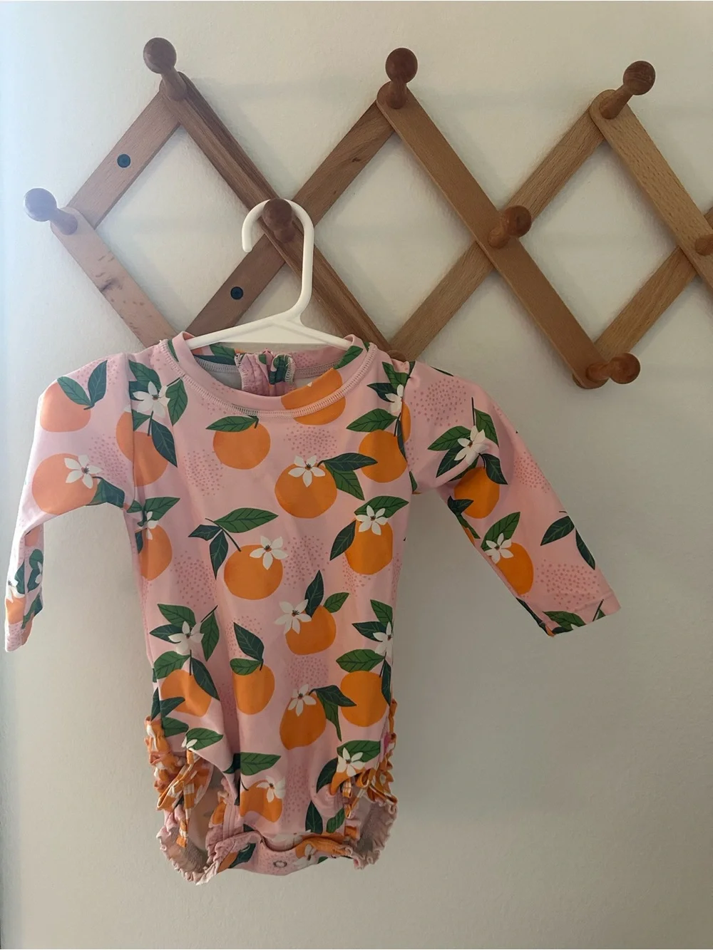Girls Pink Orange-Print Long-Sleeve Swim Bodysuit